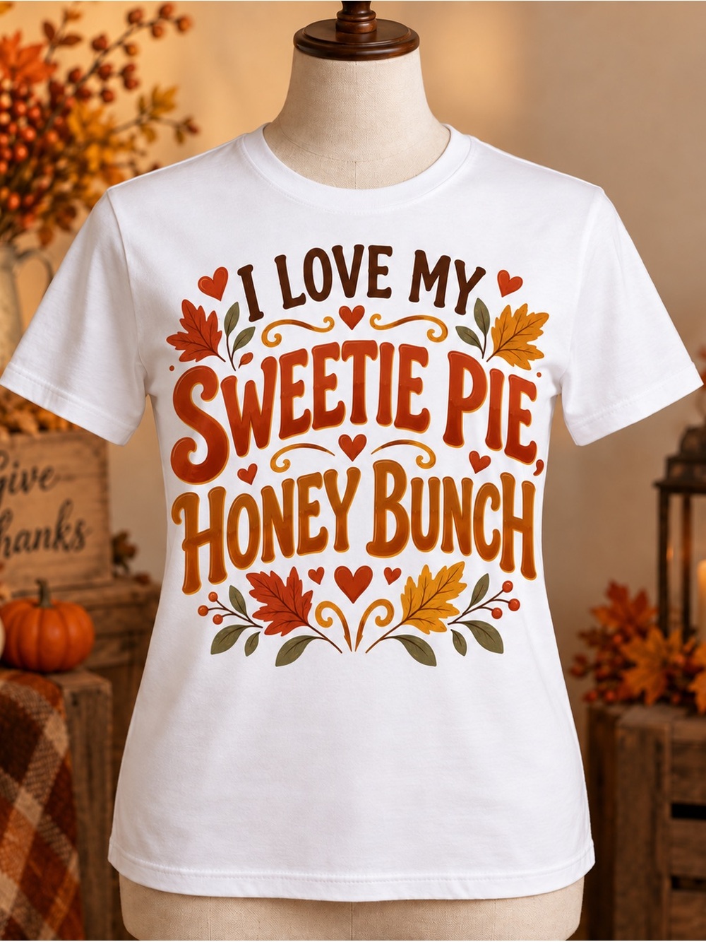 Gildan White Tee with Autumn Orange & Brown 'Sweetie Pie Honey Bunch' Graphic